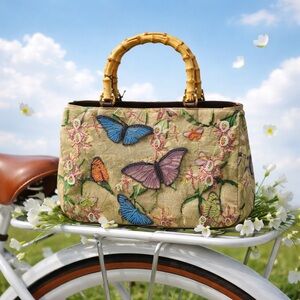 Y2K Vintage Paradox Embroidered Butterfly Beige Handbag